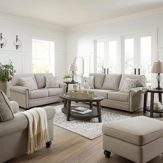 Signature Design by Ashley Gaelon Transitional Loveseat with Nailheads and 2 Accent Pillows Beige