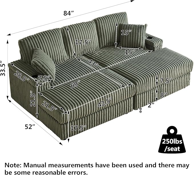 Aoowow 84 Corduroy Oversized 3-seater sofa with 2 Ottomans Modular Sectional Deep Seat Sofa with Back and Toss Pillows Modern Comfy Sofa with 2 Storage Spaces and Cup Grooves for Living Room Green