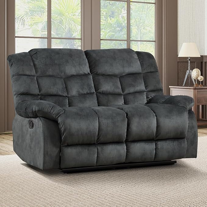 EBELLO Manual Loveseat Recliner for Living Room Extra Wide Modern Overstuffed 2 Seat Reclining Couch Sofa Breathable Fabric and Padded Cushion Grey Green