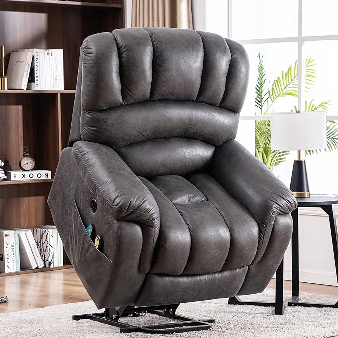 MEETWARM Large Power Lift Electric Recliner Chair with Massage and Heat Overstuffed Wide Recliner with 2 Remote Controls for Elderly Big People Heavy Duty Recliners USB Ports Side Pockets(Gray)