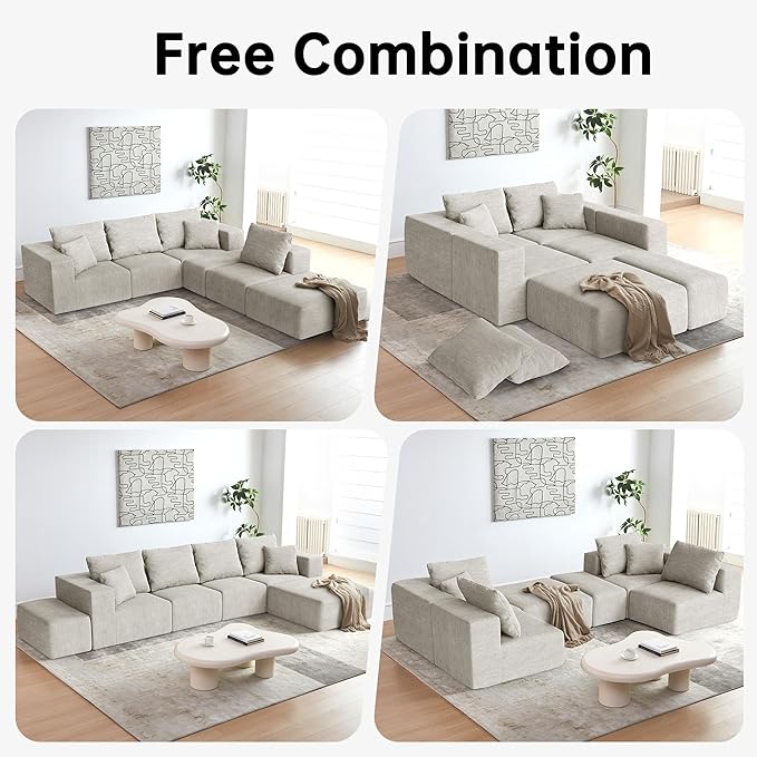 CUGOAO 152'' Modern Boneless Couch Oversized 2-in-1 Modular Sectional Sofa Bed Extra Deep Seat Upholstery Cloud Couch Boneless Couches for Living Room No Assembly Required Beige Chenille