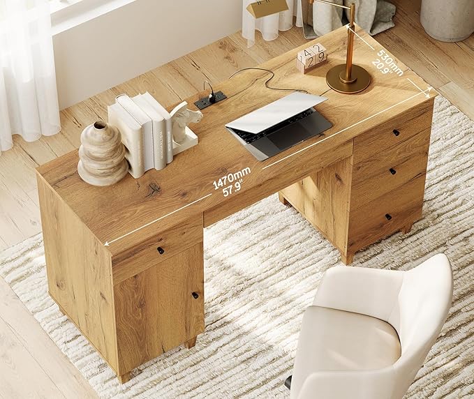 WAMPAT Desk with Drawers &amp Storage Cabinet 58 Inch Wide Wooden Home Office Desk with Charging Station Modern Large Wood Executive Computer Desk Work &amp Study Writing Desk Oak Brown