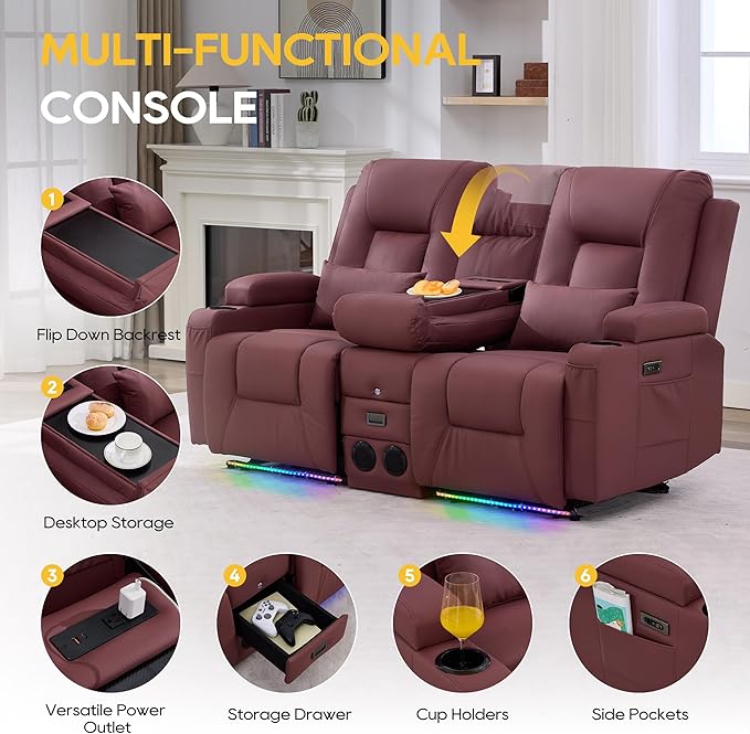 IPKIG Power Recliner Loveseat with Console Zero Wall Hugger Sofa Couch Faux Leather 2-Seater Sofa with LED Lights AC Outlets USB Ports Cup Holders Red | Storage Drawer Bluetooth Speaker Living