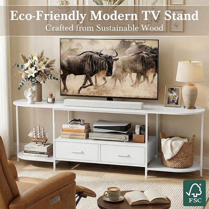 63 TV Stand for TVs up to 75 Inches Curved Edge Media Console &amp Entertainment Center with 2 Fabric Drawers Modern TV Console Table for Living Room or Bedroom White