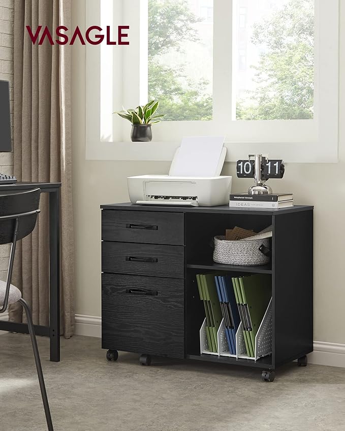 VASAGLE Lateral File Cabinet Home Office Printer Stand 3-Drawer Mobile Filing Cabinet with Open Storage Shelves for A4 Letter-Size Files Black with Wood Grain UOFC041B56