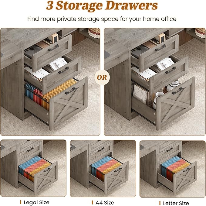 SEDETA Farmhouse 96.5 Computer Desk with Drawers 2 Person Home Office Desk Gaming Double Desk with Storage Shelves Long Two Person Writing Desk (Grey)
