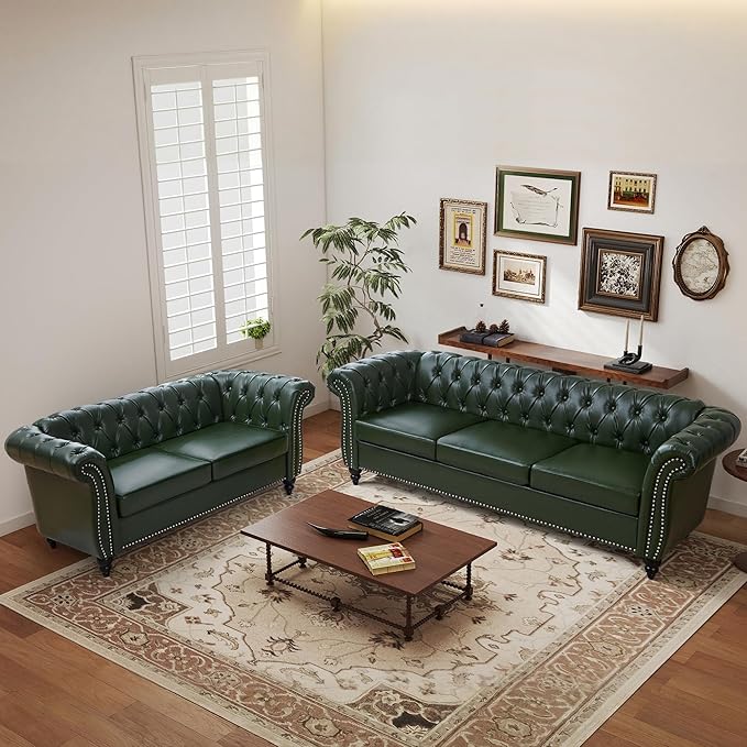 AVZEAR 84 Chesterfield Sofa Vintage Green 3-Seater PU Leather Couch Mid-Century Modern Faux Leather Sofa Button Tufted Back with Rolled Arms for Large Living Room Apartment Green
