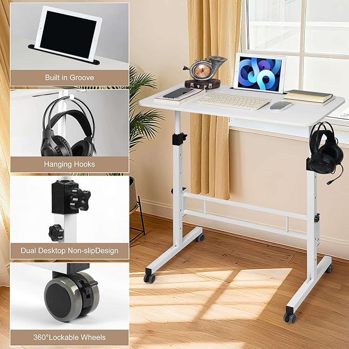 Adjustable Standing Desk with Wheels Portable Rolling Walking Pad Desk Small Laptop Table for Home Office Sit Stand Up Workstation Size 15.7x 31.5 White