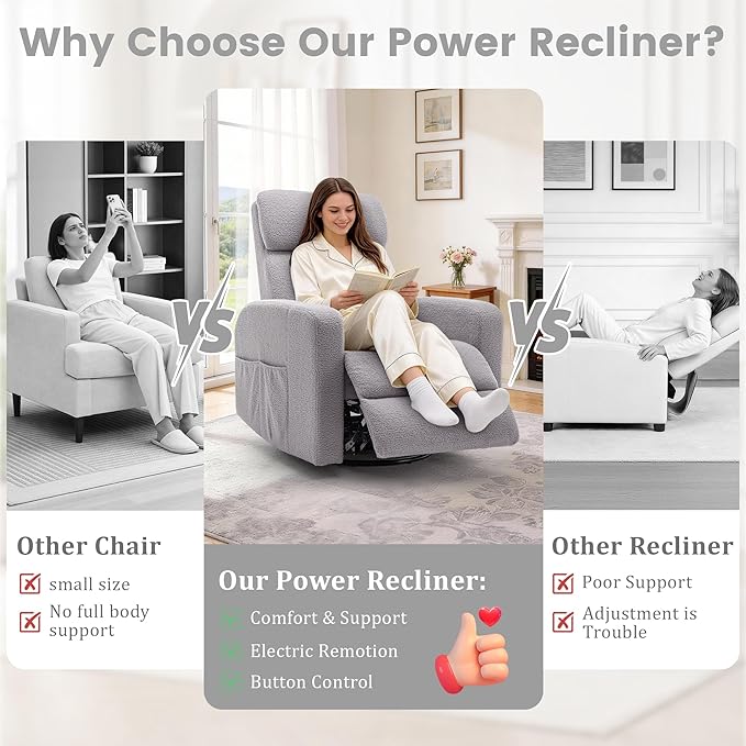 Power Swivel Recliner Chairs for Adults Electric Glider Rocking Chair Nursery Glider Recliner Nursery Chair with Classified Side Pocket Nursery Rocking Chairs with USB and Type-C Ports