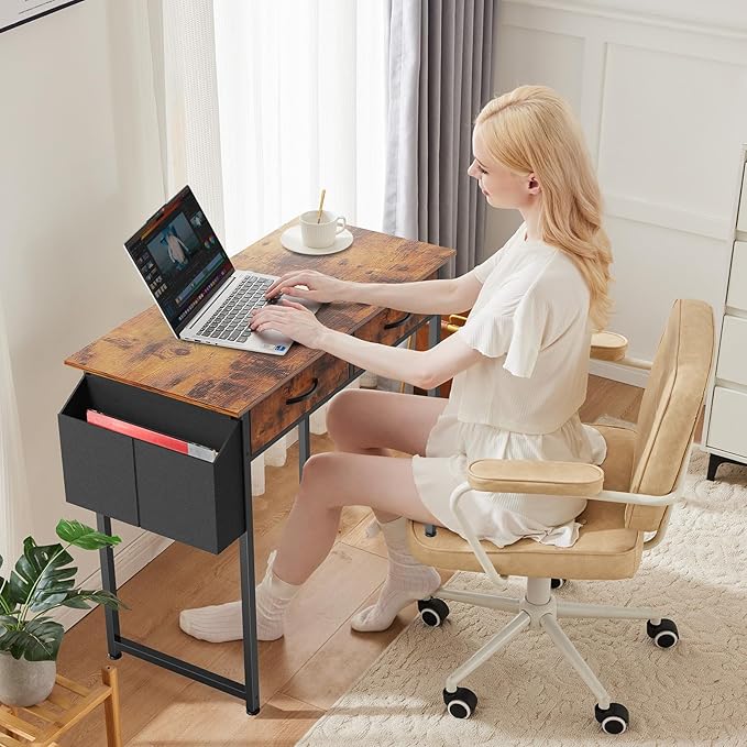Sweetcrispy Computer Desk Small 32 Inch Home Office Bedroom Writing Study PC Table with Fabric Storage Drawers Space Side Bag Headphone Hook Adjustable Feet Modern Simple Style Rustic Brown