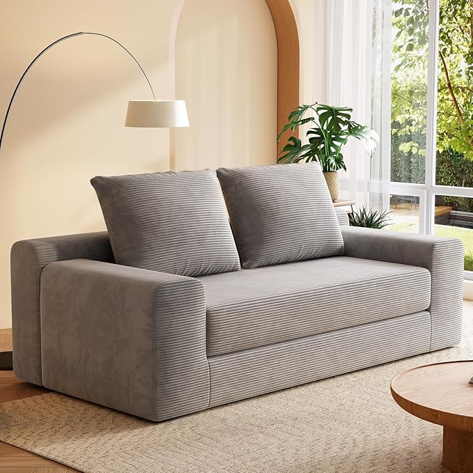 Chogori Loveseat Sleeper Sofa Bed Modern Corduroy Boneless Convertible Couch with Pull-Out Seat Cushion Two Seater Couch for Living Room Bedroom Apartment Home Office No Assembly (Gray)