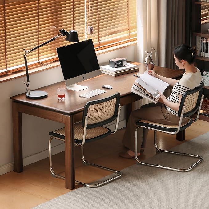 YESWOOD 100% Solid Wood Desk Mid Century Modern Walnut Color Home Office Desk Sturdy Computer Desk Writing Desk with 2 Drawers for Study Living Room 55.11 W