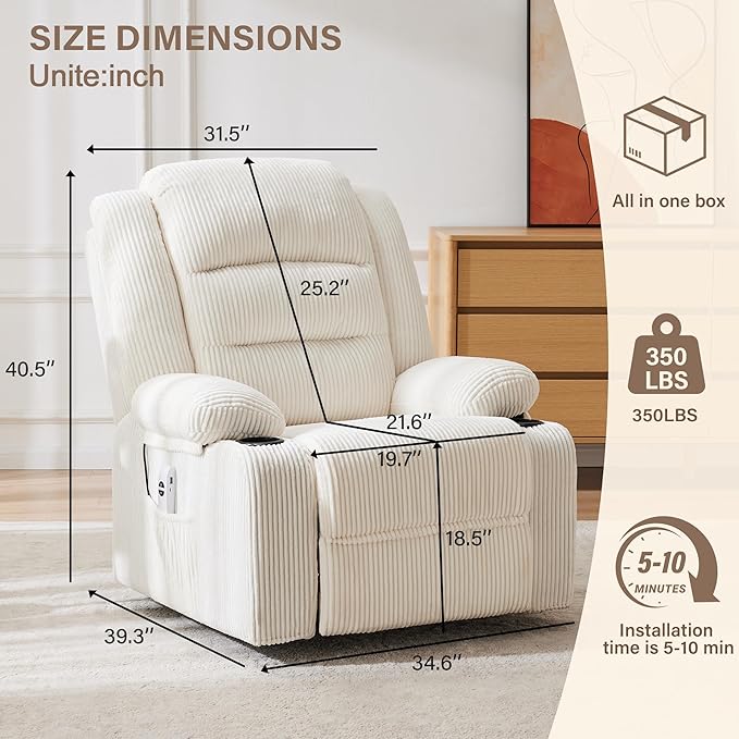 Power Recliner Chair with Cup Holders Electric Recliner Chair for Adults Living Room Reclining Chair Home Theater Seating Lounge Chair (1 Stripe White)