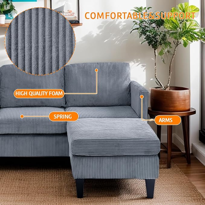 67'' L-Shaped Velvet Modular Sectional Couch Sofa with Ottoman 3-Seat Convertible Cloud Deep Seat Sofa Couches for Living Room Bedroom Apartment Cozy Chaise Lounge Sofas (Gray)