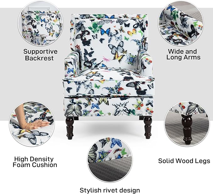 Accent Chair Modern Comfy Mid-Century Anthropologie Accent Chairs Linen Upholstered Wingback Lounge Arm Chair with Solid WoodSingle Floral Pattern Chair for Living Room/Balcony/Bedroom