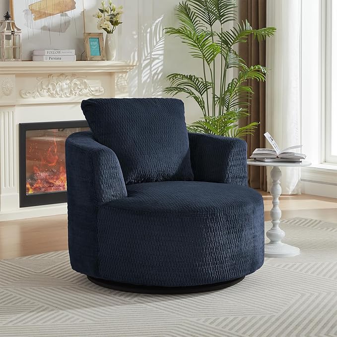 35 W Light Blue Chenille Swivel Accent Barrel Chair Comfy Round Accent Sofa Chair 360 Rotation Degree Club Chair Leisure Arm Chair for Nursery Bedroom Living Room Lounge Hotel Office (Foam)