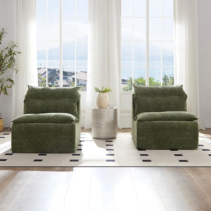 JUSTONE Modular Sofa-No Armrests Floor SofaNeck Pillow-Back Lounge Sofa Chair Accent Bean Bag Chair Lazy Floor SeatingSmall Sofa for Living RoomApartment Guest RoomSingle SeatGreen