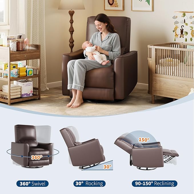 IDEALHOUSE Swivel Rocking Nursery Recliner Chair Rocker Recliner Glider Deep Seat PU Leather Sofa Chair with high Backrest for Nursery Living Room Bedroom &amp Home Movie Theater (Dark Brown)