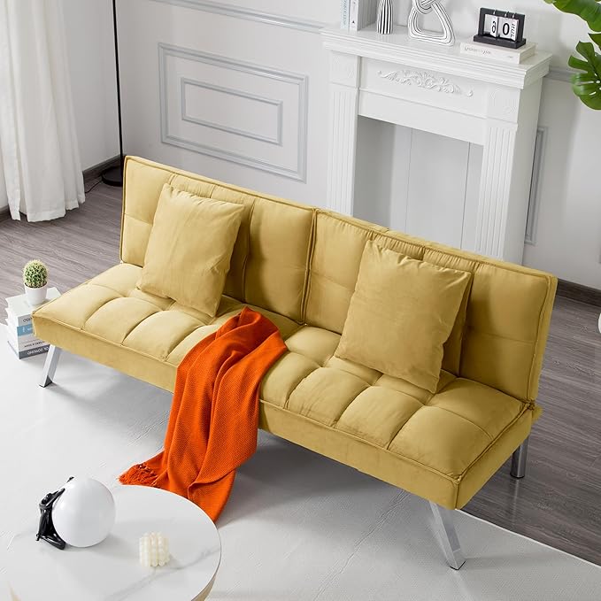 68 Modern Sofa Bed FutonConvertible Sleeper Bed Couch with 4 Reclining BackrestComfy Velvet Cloud Sofa Loveseat for Living Room Bedroom Office (Yellow)