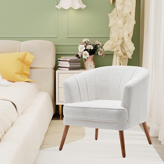 Accent Chairs for Living Room Bedroom Office Upholstered Sherpa Single Sofa Chair Arm Chair Comfy Chair Reading Club Coffee Chair with Metal Legs White