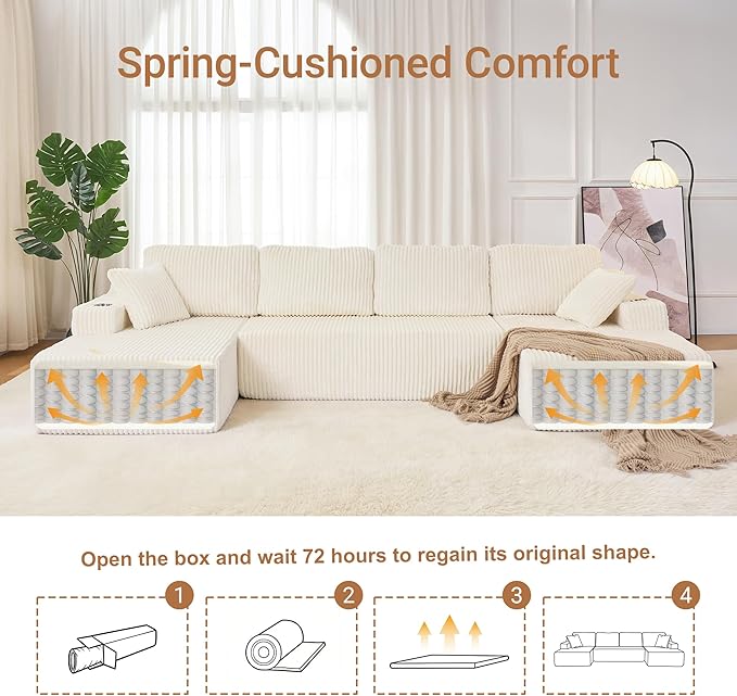 130'' U Shaped Cloud Sectional Couch Modular Boneless Couch for Living Room Corduroy Fabric Cloud Sofa with Supported Pillows and 2 Cup Holders No Assembly Beige