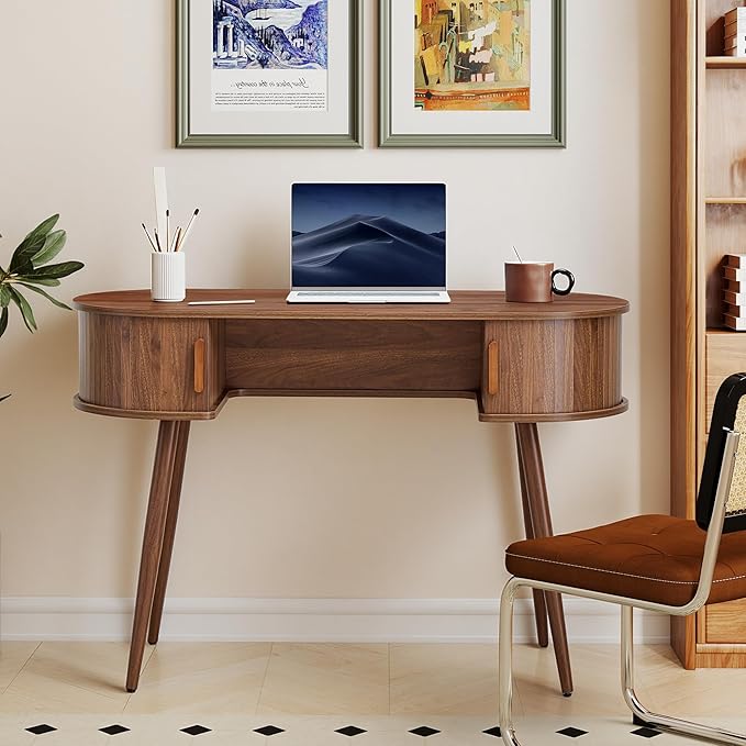 Mid-Century 43 Samll Writing Desk Home Office Computer Laptop Wood Desk with Storage Elegant Fluted Vanity Table Multifunctional Study Desk for Office Bedroom (Wlanut-43)