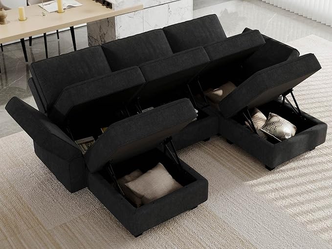 Belffin Modular Sectional Sofa Fabric U Shaped Couch Double Chaise Sectional Couch Convertible Ottoman Sofa with Storage Black