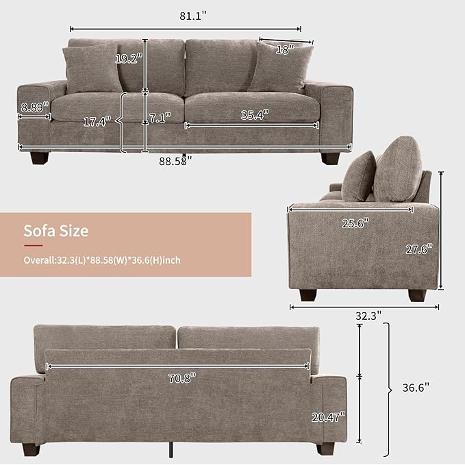 DOPEDIO Modern Loveseat Sofa for Living RoomChenille Recliner Removable Cover Spring Cushions Solid Wood Frame Easy Assembly for Small Spaces (88.58inchBrown)