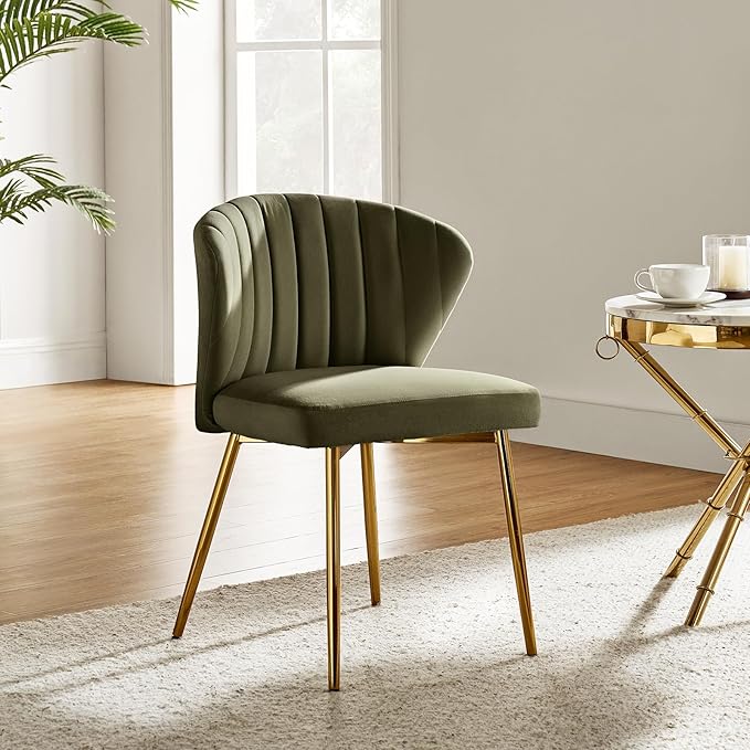 HULALA HOME Velvet Dining Chairs Modern Small Armless Accent Chair with Gold Metal Legs Living Room Upholstered Cute Side Chair Elegant Tufted Back Vanity Chair for Bedroom Moss