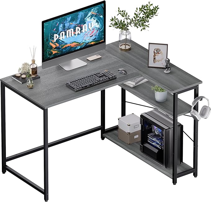 Pamray 43 Inch L Shaped Computer Desk with Reversible Side Storage Shelves Small Corner Desk for Small Space Home OfficeWriting Study Table PC Desk for BedroomEspresso Gray