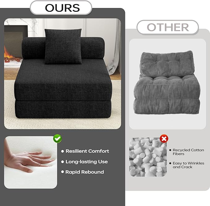 DURASPACE 39.2'' Folding Sofa Bed Floor Foldable Futon with Memory Foam Convertible Sleeper Chair with Back Support for Living Room (Chenille Black)