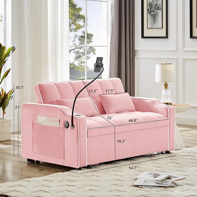SLEERWAY 3-in-1 Convertible Futon Sofa Bed Chair Multi-Functional Sleeper Chair Bed with Pull Out Couch and Adjustable Backrest Modern Velvet Chaise Lounge Loveseat for Living Room Bedroom Pink