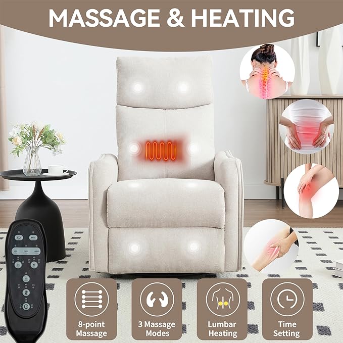 Massage Chair Recliner with Heat Swivel Rocking Chair Recliner with High Back Manual Lazy Boy Recliners for AdultsSmall Recliner Chair for Small Spaces Living Room Bedroom Fabric (Beige)