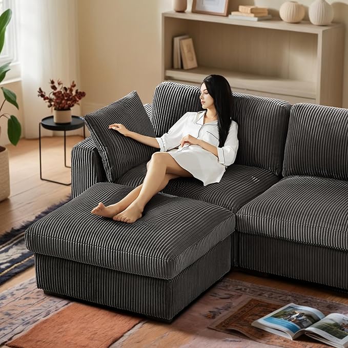 130 Sectional Couches for Living Room Boneless Couch Upholstered Cloud Couch Sectional Modular Sectional Sofa with L Shaped (Dark Grey 3 Seat+1 Ottoman)