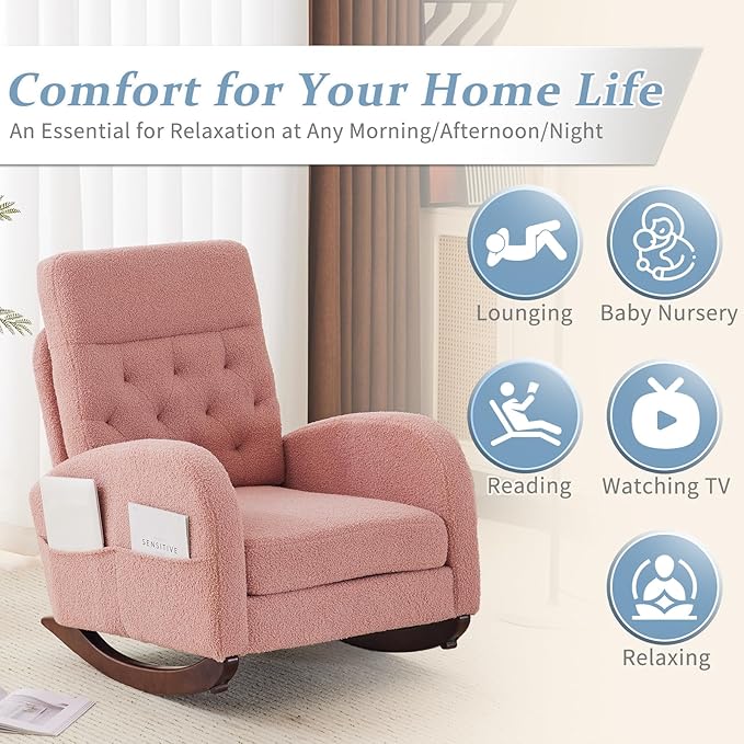 VINGLI Teddy Fleece Low Seat Rocking ChairBoucle Upholstered Nursery Glider Chair with Side PocketsAccent Arm Chair with High BackrestComfy Head RestSolid WoodFor Living Room Bedroom BalconyPink