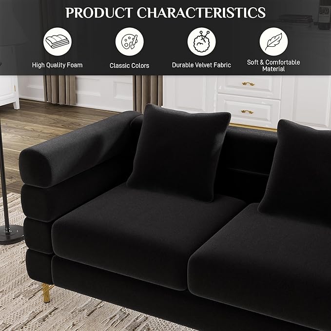 OUYESSIR Living Room Sofa Couch and Loveseat Set Modern Comfy Velvet Deep Seat Cloud Couch with 5 Pillows Oversized Sofa Furniture Sets for Living Room Bedroom Jet Black Velvet