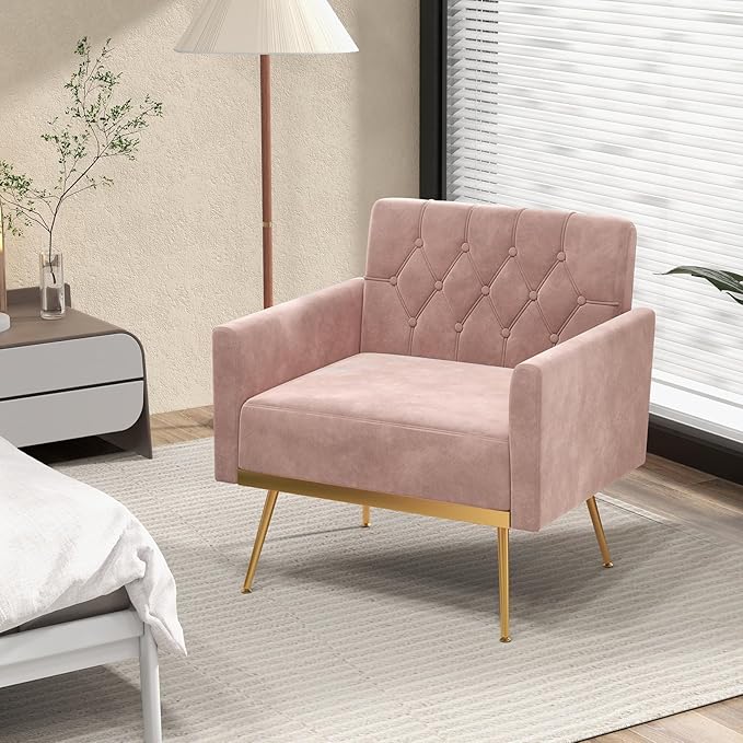 KOMFOTT Velvet Accent Chair Modern Tufted Armchair with Golden Metal Legs &amp Adjustable Foot Pads Upholstered Sofa Reading &amp Living Room Chair Pink