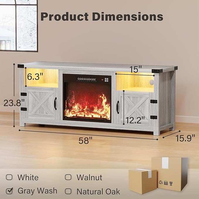 YESHOMY LED Fireplace TV Stand with Mood Lighting TV Cabinet with Open Shelf Farmhouse Media Console with Hidden Cable Routing Entertainment Center for Televisions up to 65+ Inch Gray Wash