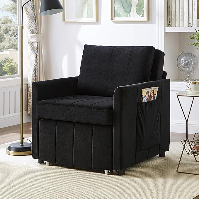 Pull Out Sofa Bed for Living Room 31.5 Upholstered Convertible Sleeper Sofa 3-in-1 Convertible Sleeper Chair with 5-Position Adjustable Backrest Side Pockets and a Storage Basket (Black/352)
