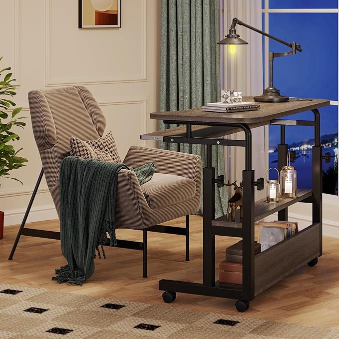 Tribesigns Portable Desk with Power Outlets Height Adjustable Side Table Sofa Couch Bedside Laptop Computer Cart with USB Charging Ports Mobile Small Standing Desk with Keyboard Tray