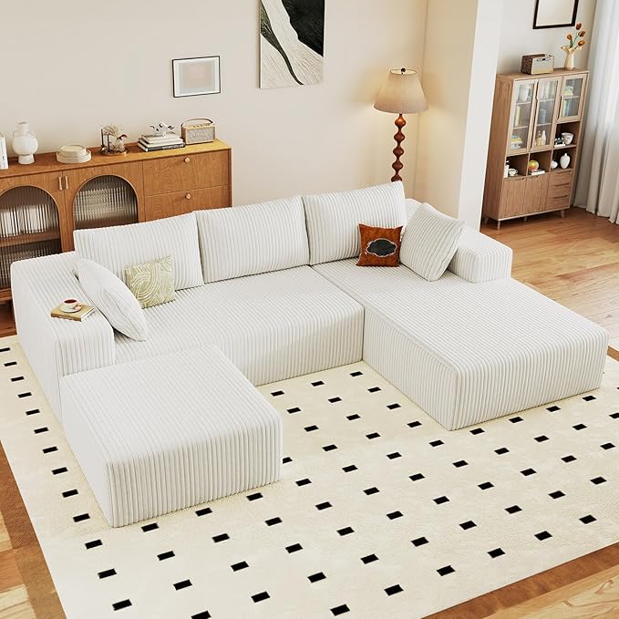 96 Cloud Sectional Couch with U-Shaped Chaise Corduroy Sectional Sofa with Ottoman Boneless Couch with Deep Seat in a Box for Living Room No Assembly Required (White Right Facing Chaise)