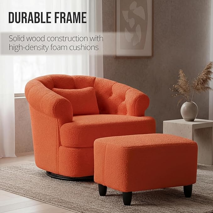 Barrel Swivel Accent Chair - Modern Comfy Boucle Armchair with Ottoman Round Upholstered Sofa Lounge Chairs Set for Living Room Bedroom Reading Corner Small Spaces (Orange)