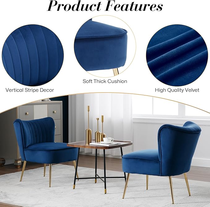 Velvet Accent Chair Set of 2 Comfy Upholstered Side Chair with Gold Metal Legs and Padded Seat Modern Small Corner Armless Living Room Chairs with Wing Back Blue