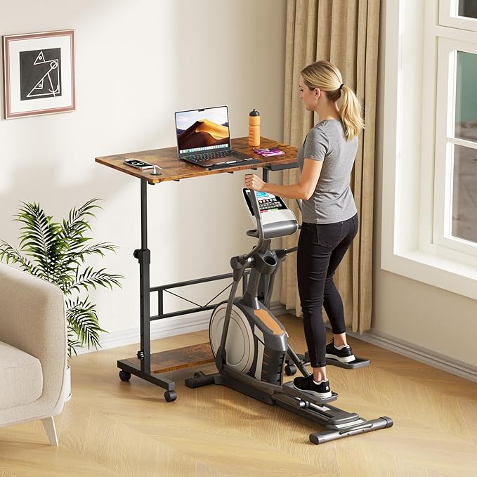 Portable Rolling Standing Desk 32 Inch Adjustable Height Mobile Stand Up Desks with Wheels Small Computer Desks Rolling Desk for Bedroom Walking Pad Teacher Podium Couch Sofa Side Table Rustic