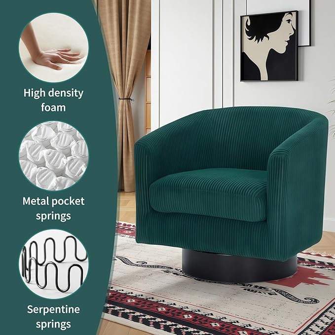 Swivel Accent Chair 360° Swivel Barrel Chair Comfy Upholstered Corduroy Club Armchair for Living Room Reading Room Bedroom (Dark Green)