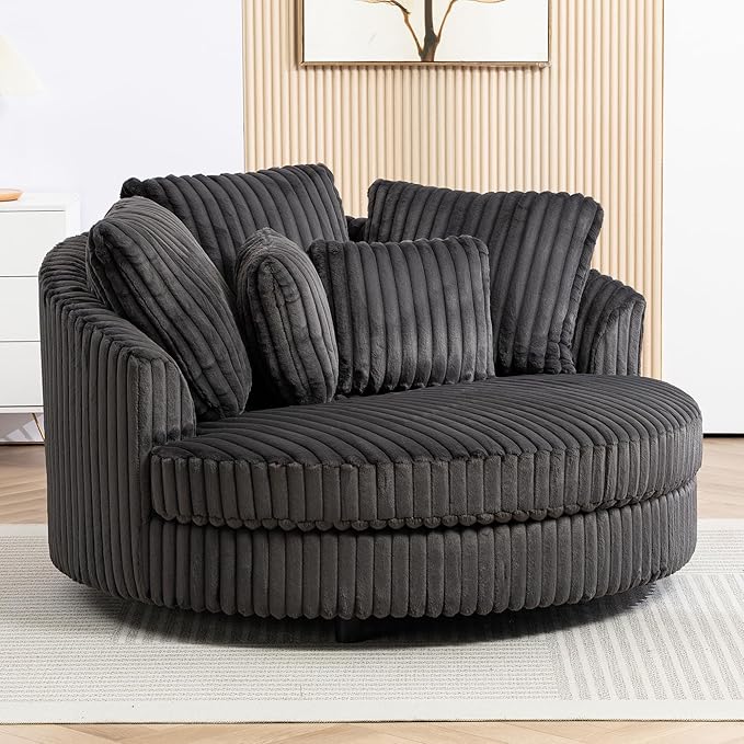 Chifee &amp Vingol 59.8 W Oversized Accent Round Chair Large Barrel Chair with Wheels &amp 5 Pillows Faux Fur Fabric - Charcoal