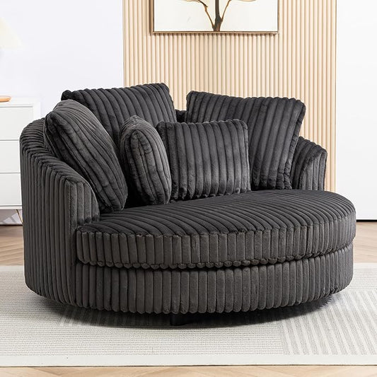 Chifee &amp Vingol 59.8 W Oversized Accent Round Chair Large Barrel Chair with Wheels &amp 5 Pillows Faux Fur Fabric - Charcoal