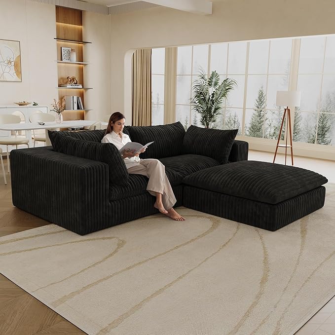 78.7 L Shaped Modular Sectional Sofa Cloud Couch with OttomanPlush Corduroy Couches for ApartmentNo Assembly RequiredBlack