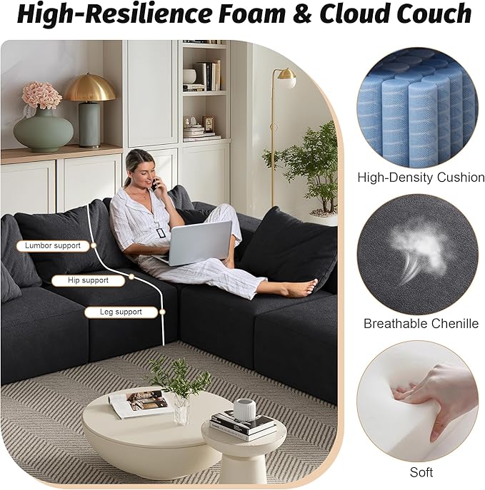 Modular Sectional Couches for Living Room Oversized L Shaped Sleeper Sofa Bed with Ottoman Chenille No Assembly Required (Minimalist Black)