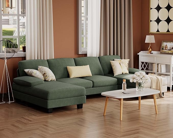 Furmax Sectional Couches for Living Room U-Shaped Sofa Couch with Linen Fabric 4 Seat Sofa Set with Double Chaise for Apartment (Corduroy Dark Green)